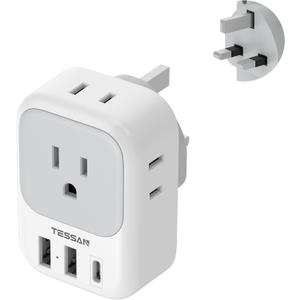 US to UK Plug Adapter, TESSAN Type G Travel Converter with 3 USB Charger(1 USB C Port), 4 Outlets Power Adaptor for USA to Qatar Ireland Hong Kong England Scotland Kenya Dubai London British