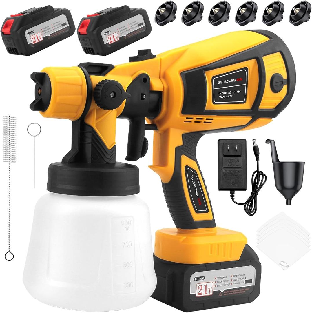 Paint Sprayer, 650W Cordless with 2 X 4.0mAh 21V Battery, All Copper Motor 6 Nozzles & 3 Spray Modes, Easy to Clean, Paint Sprayer Gun for House Painting Fence Cabinets Wall DIY