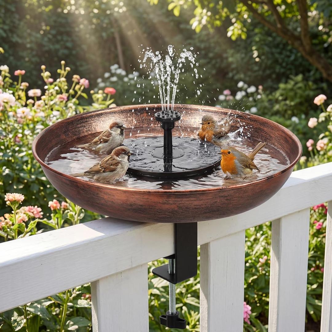 Edenseelake Deck Mounted Metal Bird Bath with Solar Powered Fountain for Outside, Detachable Birdbaths Bowl with Adjustable Steel Clamp for Feeder Railing Balcony Fence Yard