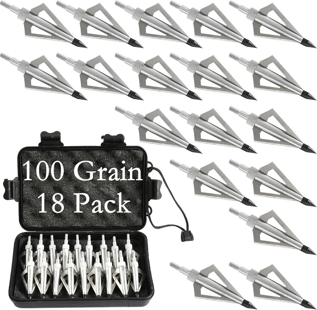 18 Pack Hunting Broadheads with Storage Case, 100/125 Grain Archery Broadheads, 3 Blade Archery Arrows Hunting Points Metal Tips Compatible with Crossbow and Compound Bow