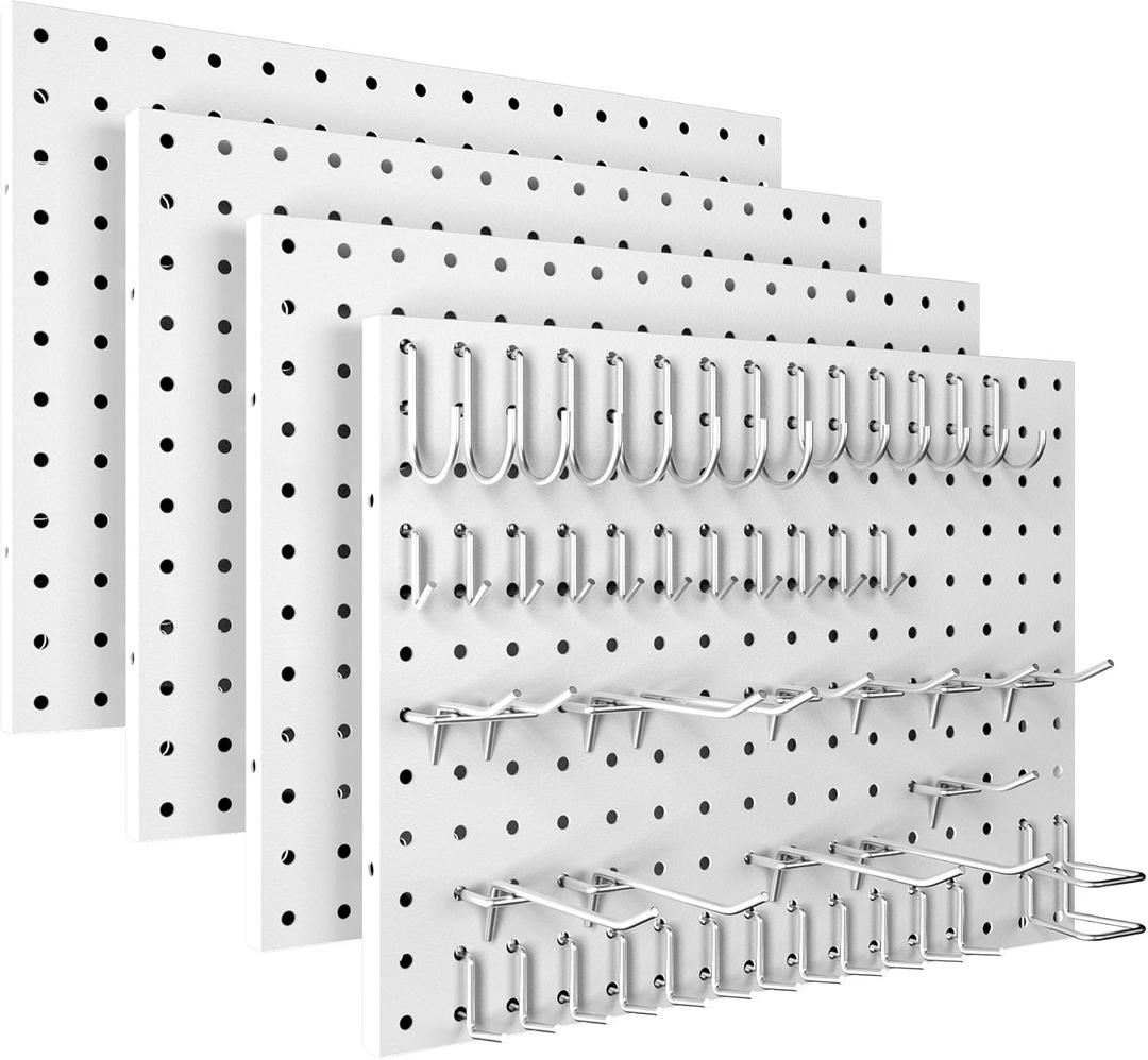 Peg Board, 4 Pack Metal Pegboard Panels with 50 Hooks, White Pegboards Wall Organizer, Heavy Duty Peg Board for Walls Home, Garage Tool Storage, Office Organization, Craft Room, Kitchen (16x12"- 4 Pcs)