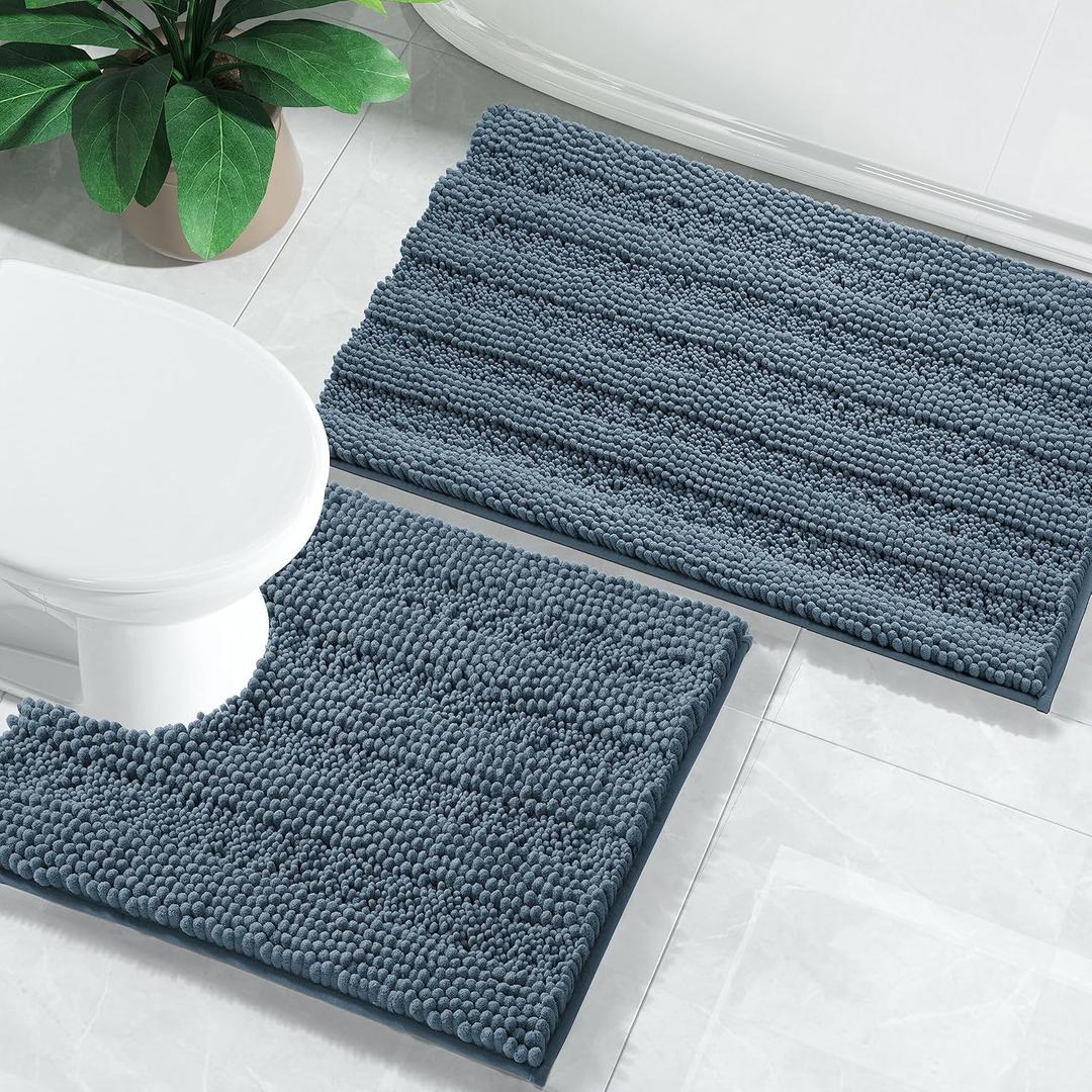 Yimobra Bathroom Rugs Sets 2 Piece, Soft Absorbent Chenille Bath Mat and U-Shaped Toilet Rug, Non Slip Machine Washable Quick Dry, Plush Shower Rugs for Bathroom Floor, 24"x17"+24"x20", Denim Blue
