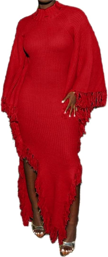LETSVDO Women's Fringe Sweater Dress Long Sleeve Bodycon Batwing Knit Mock Neck Slit High Low Party Maxi Dresses, Red, X-Large