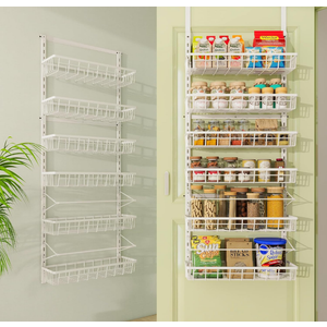 Over The Door Pantry Organizer, Wall Mount Spice Rack, Pantry Hanging Storage and Organization, 6 Adjustable Baskets Heavy-Duty Metal for Home & Kitchen, Back of Door Seasoning Rack - White