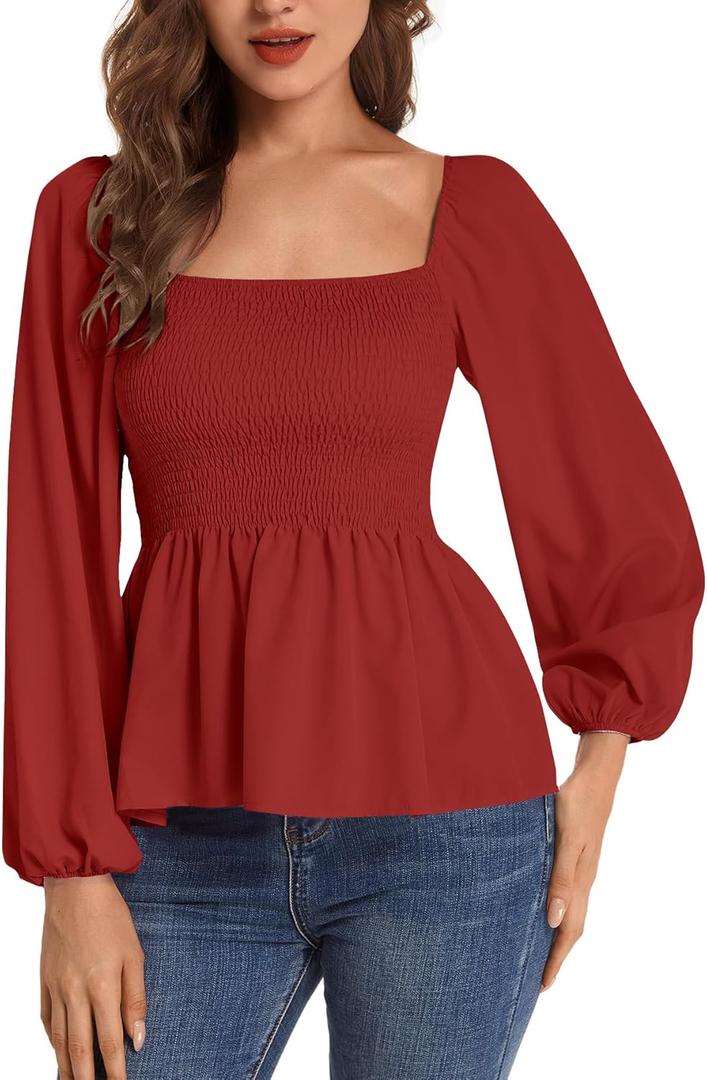 Umenlele Women's Long Sleeve Square Neck Shirred Ruched Ruffle Peplum Blouse Shirt Tops (Medium)