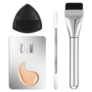 4Pcs Makeup Foundation Mixing Palette Set, Including Spatula Makeup Brush, Palette Tray, Powder Puff Make Up Accessories for Women Girl Make Up Cosmetic Spatula Tool