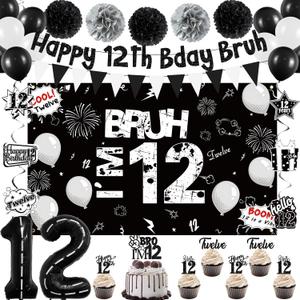 Holkcog 12th Birthday Party Decorations, Happy 12th Bday Bruh Banner Bankground, Black Number 12 Foil Ballons & Cupcake Topper, Hanging Swirls, Black Happy 12 Years Old Party Supplies