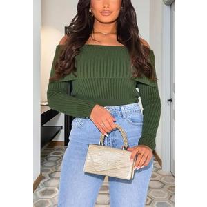 Women's Off Shoulder Long Sleeve Ribbed Knit Pullover Sweater Casual Basic Crop Y2k Tops Large
