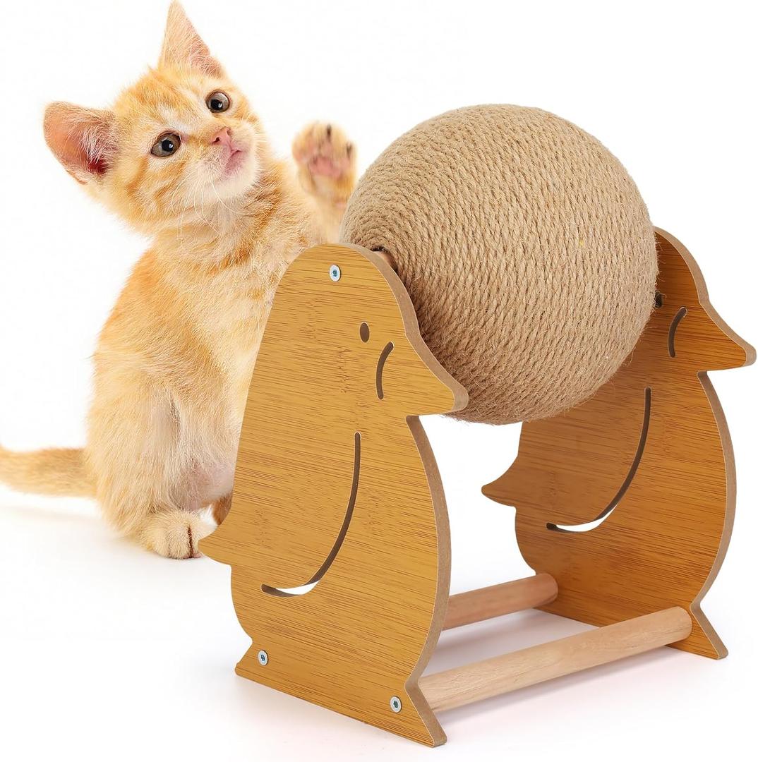 Outamateur Cat Scratching Ball Toy, Sisal Scratching Ball with Cute Stable Stand, Interactive Play and Exercise Toy for Kittens, Cats, Small Pets (Penguin)