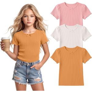 3 Pack Girl's Short Sleeve T-Shirts Cotton Ribbed Back to School Tops Crewneck Kids Puff Lettuce Trim Bow Tees