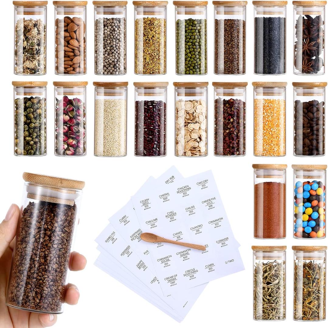 Spice Jars with Label, 20pcs 4 oz Glass Jars with Bamboo Airtight Lids, 200 Printed Spice Labels Waterproof Stickers for Seasoning Containers