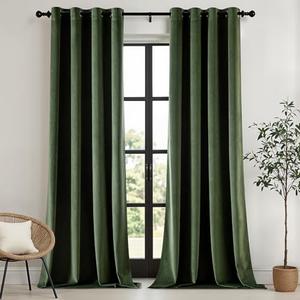 EMEMA Velvet Curtains 96 Inches Long, Olive Green Luxury Blackout Curtains for Living Room, Grommet Room Darkening Elegant Thermal Insulated Window Treatment for Bedroom W52 x L96, 4 pieces