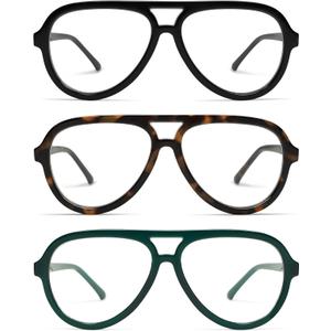 AMOMOMA 3 Pack Retro Aviator Reading Glasses for Women Men, Classic Large Oversized Reader Blue Light Computer Frame AM6111 C1+C2+C3 0.0X
