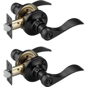 NCL 2 Pack Black Door Handle Interior, Wave Door Lever Door Knob with Lock, Privacy Door Handle for Bath & Bedroom