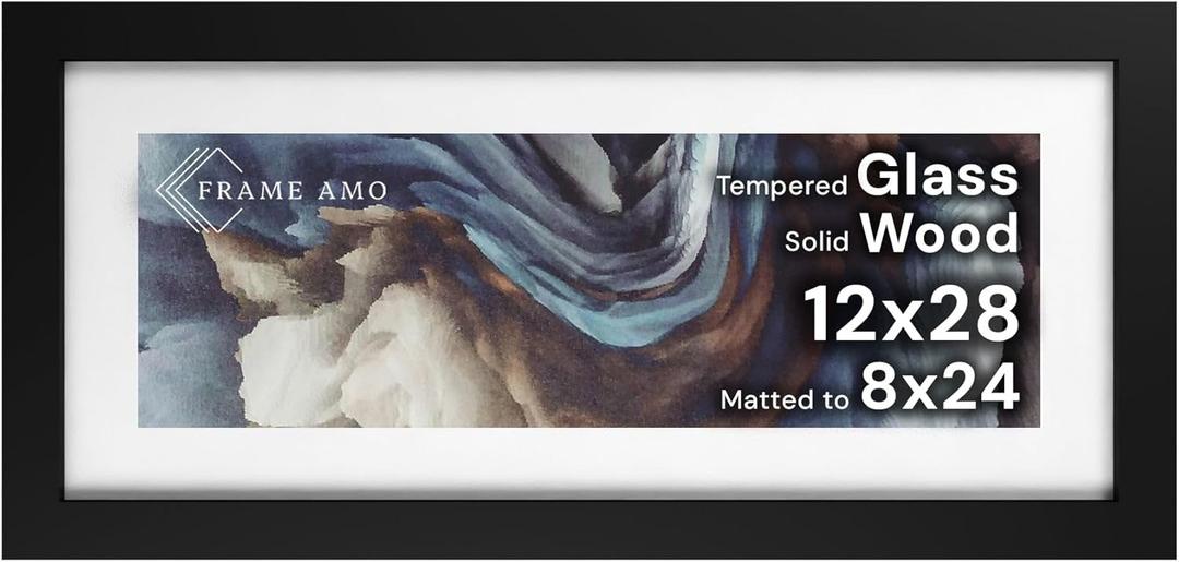 Frame Amo 12x28 Black Solid Wood Poster Frame, White Mat for 8x24 Image, Tempered Glass Front, 1.5 inch Wide, 1 inch Thick, High-End, Heavy-Duty, Gallery Grade & Acid-Free