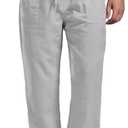 perdontoo Mens Casual Cotton Linen Pants Elastic Waist Drawstring Straight Summer Beach Pants (Large, Grey)