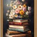 Framed Vintage Floral Wall Art - 3D Textured Flowers Books Sandstone Hand Drawn Art Oil Painting - Minimalist Botanical Wall Decor for Bedroom Living Room Office Decor 12x16in