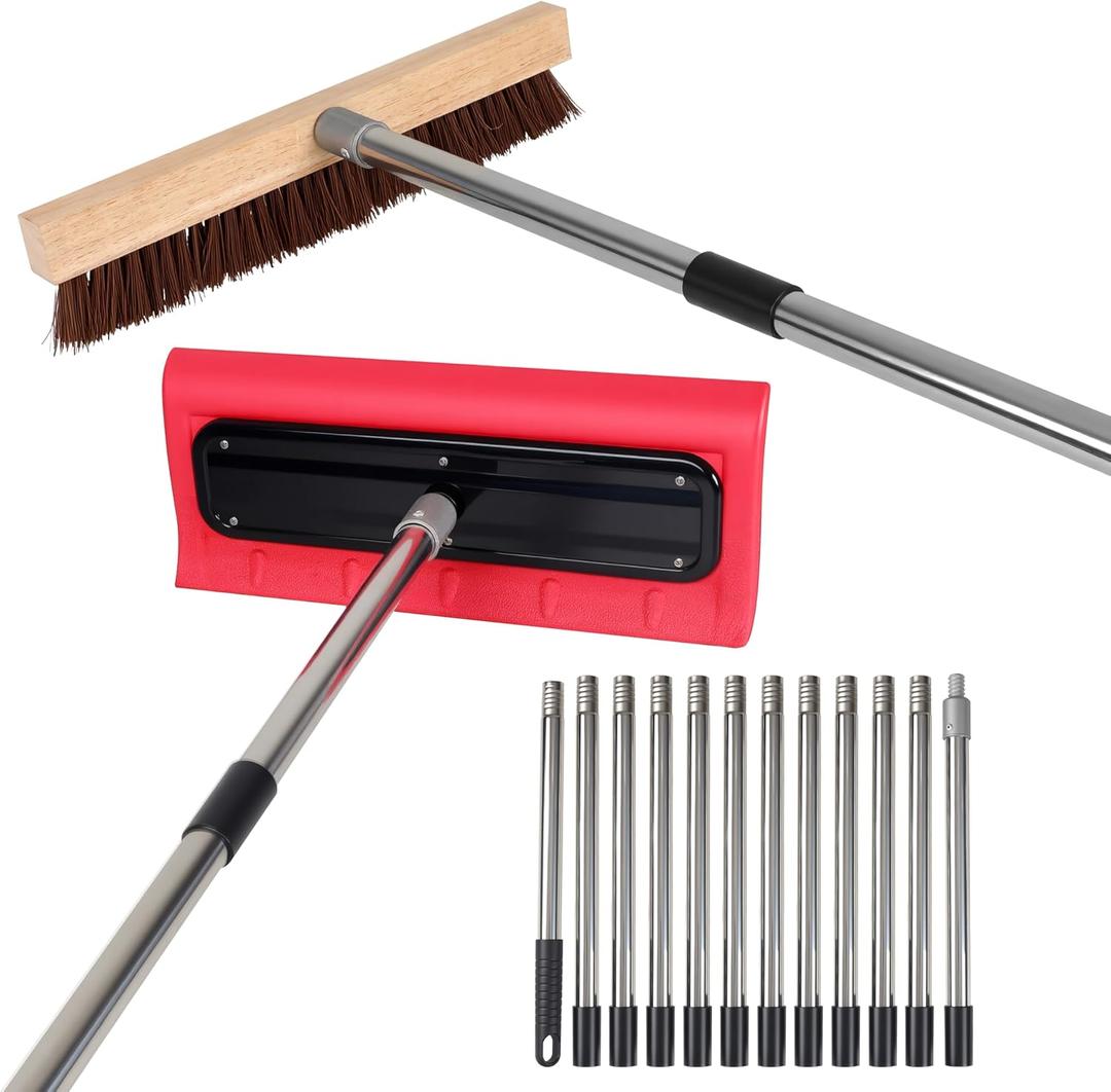 2-in-1 Leaf Roof Brush and Snow Rake, Roof Cleaning Brush & Leaf Removal Tool, Adjustable 5-20ft Cleaning Brush Tool for Cleaning Shingles, Solar Panels, Car Tops with No-Scratch Head