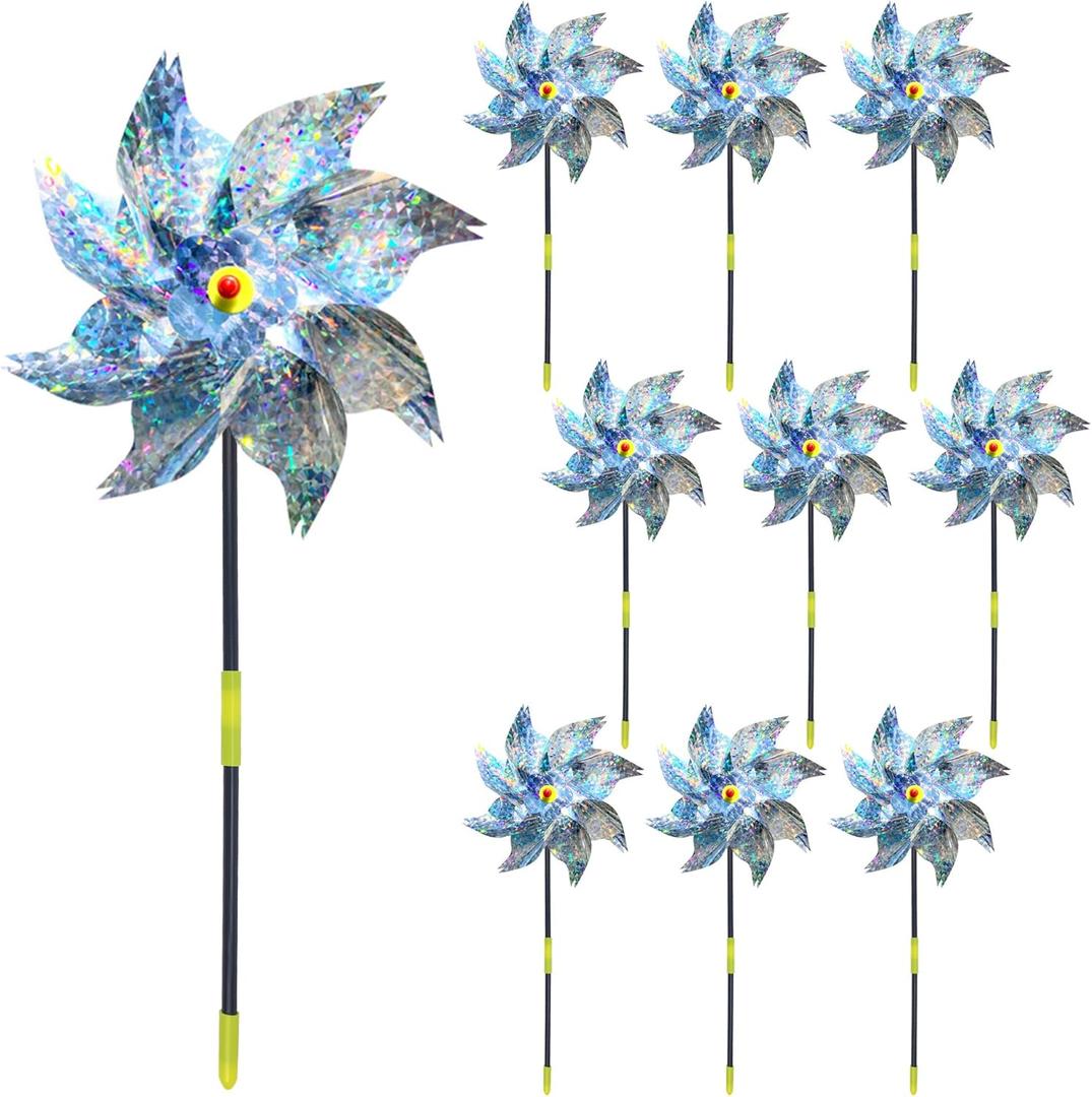 10-Pack Reflective Bird Repellent Pinwheels 9.6 Inches in Diameter Silver, Outdoor Bird Deterrent, High Reflective Effect, Suitable for Yard, Balcony, Garden