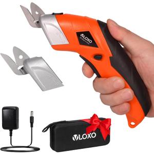 VLOXO Cordless Electric Scissors, Cardboard Cutter Super Scissors Box Cutter with Blades Rechargeable Powerful Fabric Tool for Crafts Leather Carpet Plastic Felt Include Case Orange CS4001