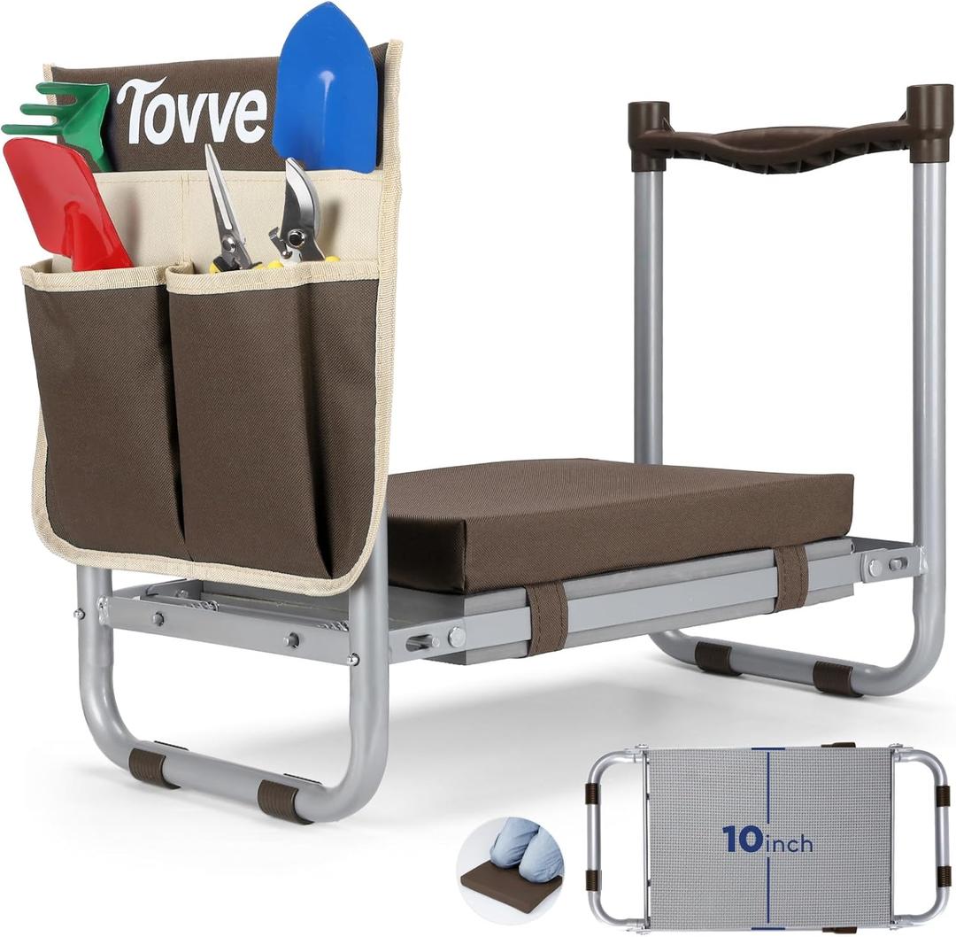 Foldable Garden Kneeler and Seat, Heavy Duty Garden Stool with 10" Wide Detachable Kneeling Pad, Portable Garden Bench Chair with Large Garden Tool Bag, Gardening Gifts for Women, Seniors, Mom (Brown)