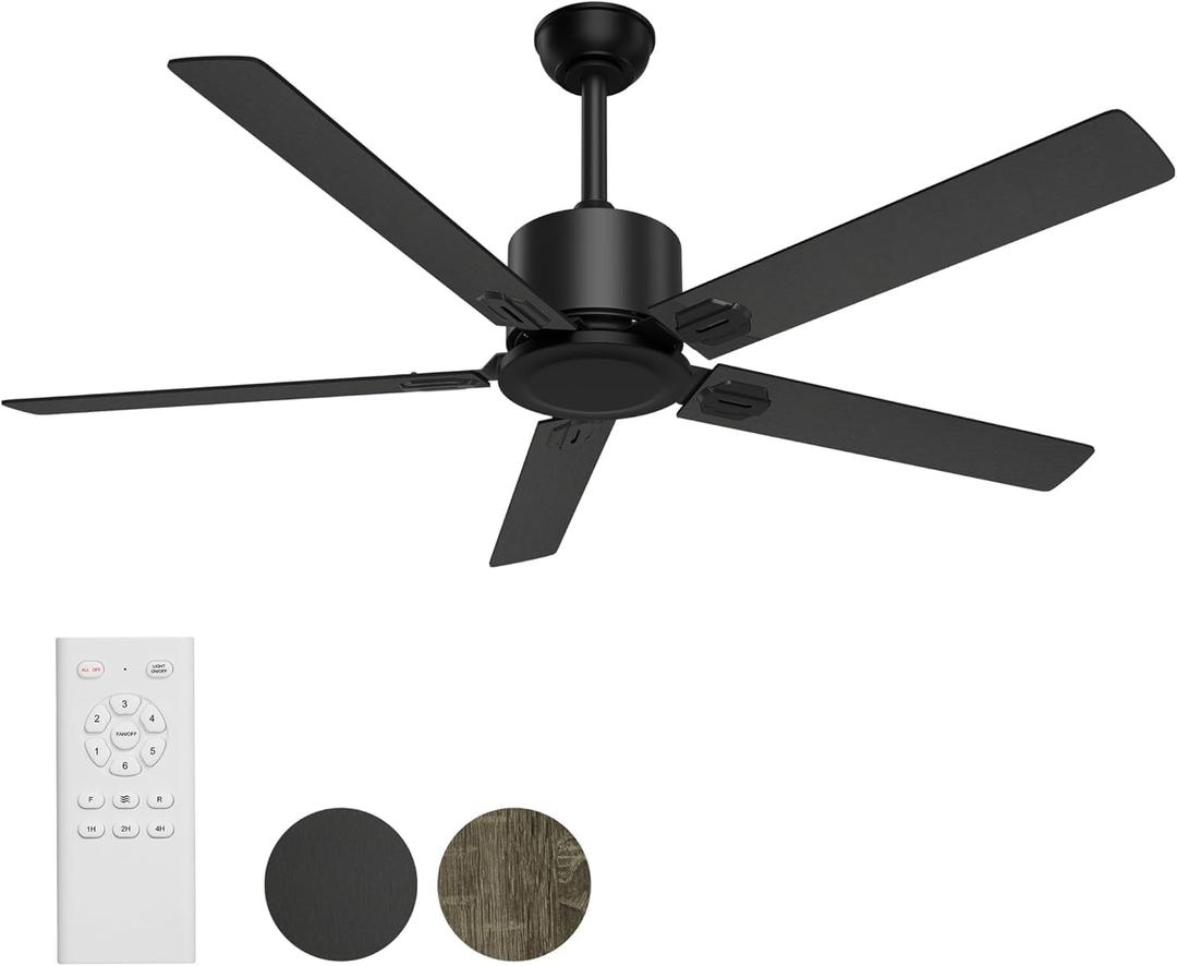 BECLOG 52 in Outdoor Ceiling Fans, Black Ceiling Fan No Light with Remote Control without Light, 5 Blades, 6 Speed Reversible DC Motor Modern for Patios, Garage, Bedroom, Porch (Black)