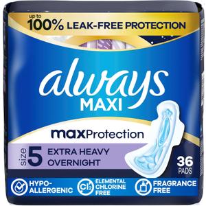 Always Maxi Overnight Pads with Wings for Women, Size 5, Extra Heavy Overnight Absorbency, Unscented, 36 Count