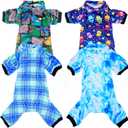 PET SHOW 4 Pack Small Dog Pajamas Cute Dinosaur Monster Clothes for Medium Dogs Soft Stretchy PJs Plaid Jumpsuit Puppy Cats Tie Dye Onesies Outfits with Sleeve Pets Dachshund Costume(L, Blue for Boys)