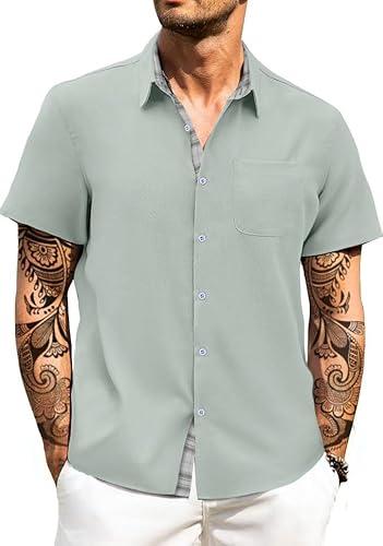HUNGSON Men's Button Down Shirts Short Sleeve Casual Shirts Summer Beach with Pocke -2XL