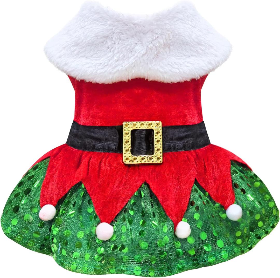 Idepet Christmas Dog Dress Cute Skirt Pet Christmas Costume Cat Sparkly Sequin Clothes Girl Puppy Xmas Holiday Party Cosplay Outfit Winter Apparel for Small Dogs Cats (Red, Large)