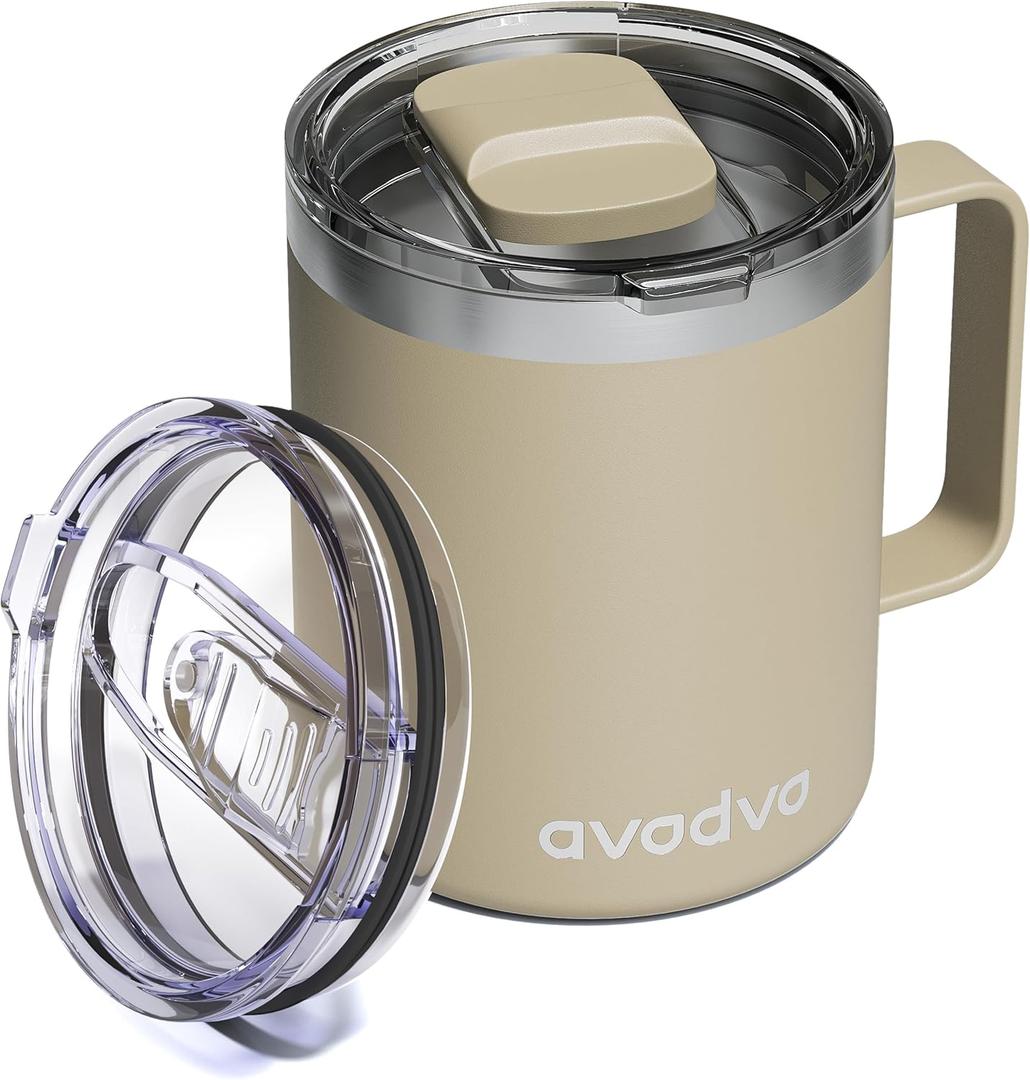12oz Insulated Coffee Mug with Lid  Includes Two Lids, Stainless Steel Coffee Travel Mug with Handle, Double Wall Vacuum Insulated Camping Mug for Home, Office & Outdoor, Brown