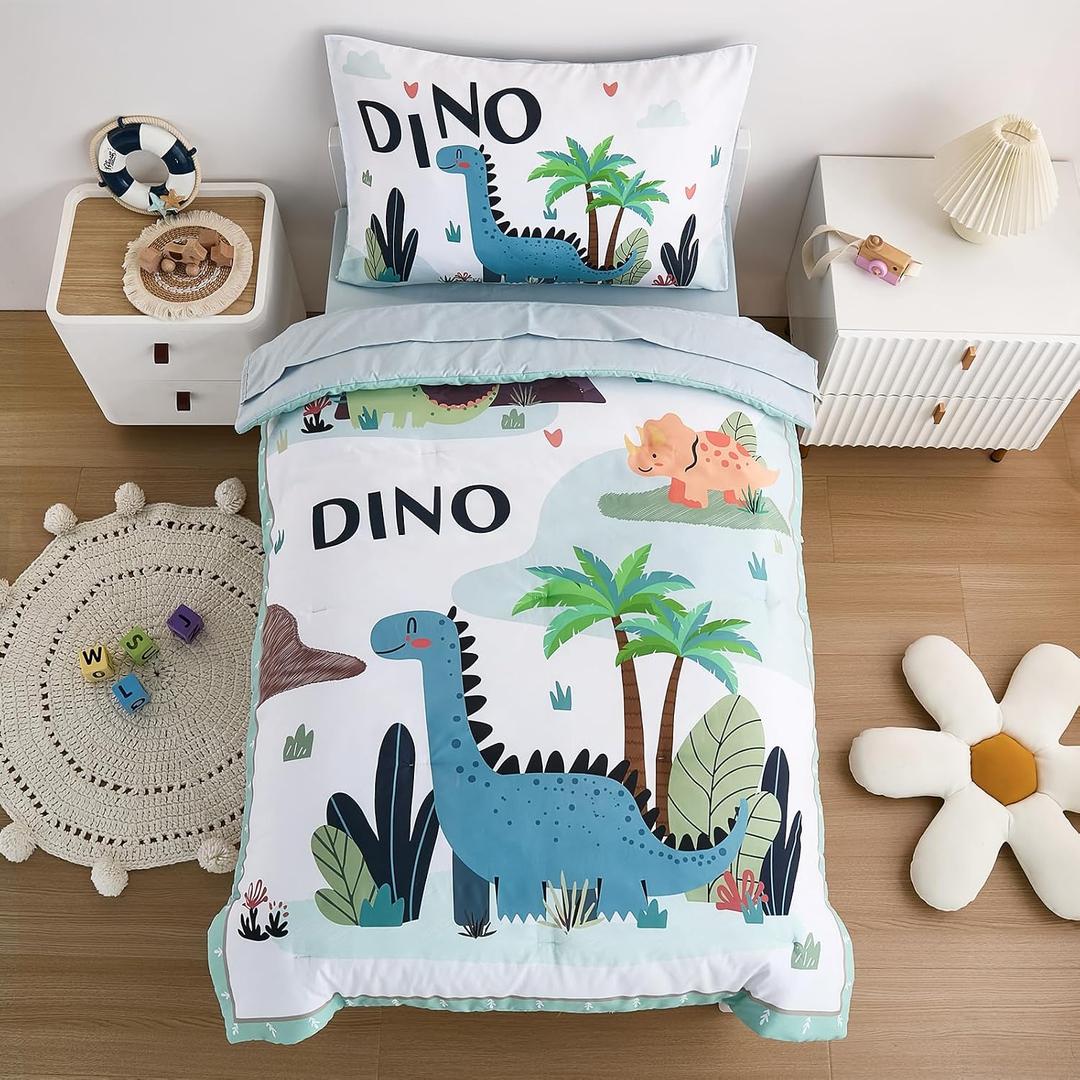 4-Piece Dinosaur Toddler Bedding Set for Boys - Soft & Skin Friendly Toddler Bed Set Includes Toddler Comforter, Flat Sheet, Fitted Sheet and Pillowcase (Mint Green)