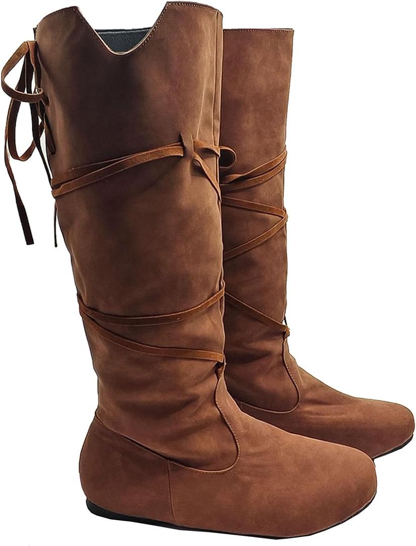 Unisex Renaissance Boots Men's Medieval Cosplay Boots Women Halloween Vintage Stage Pirate Viking Tied Boots Shoes (Brown)