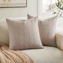 ZeeMart Linen Checked Throw Pillow Covers Set of 2, 18x18 Inch Taupe/Cream, Farmhouse Decorative Single Sided Grid Embroidered Couch Pillow Cases Light Brown Cotton Linen Cushion Covers