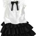 Girl's 2 Piece Preppy Summer Outfits Ruffle Bowknot Button Down Blouse and Layered Skirt Clothing Set, 10y