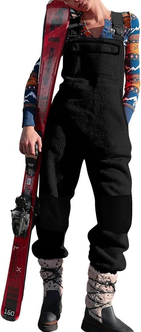 Yousify Women's Fleece Warm Overalls Winter Casual Jumpsuits with Pockets Ski Bibs Snow Pants, Black XL