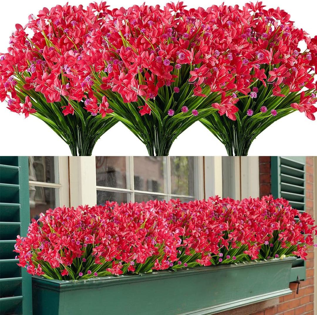 8 Bundles Artificial Daffodils Flowers Fake Artificial Greenery UV Resistant No Fade Faux Plastic Plants for Wedding Bridle Bouquet Indoor Outdoor Home Garden Kitchen Office Table Vase (Red)