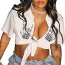 Sexy Graphic Crop Tops for Women Summer Short Sleeve Tie up Tee Shirt (Rock White) XL