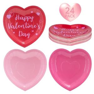 Pack of 2, 24 Pcs Happy Valentine's Day Plates - Red Pink Heart Shaped Paper Plates, Disposable Love Heart Dinner Dessert Plate Tableware for Valentines Day Anniversary Wedding Party Supplies, 7.5 x 7.5 Inch