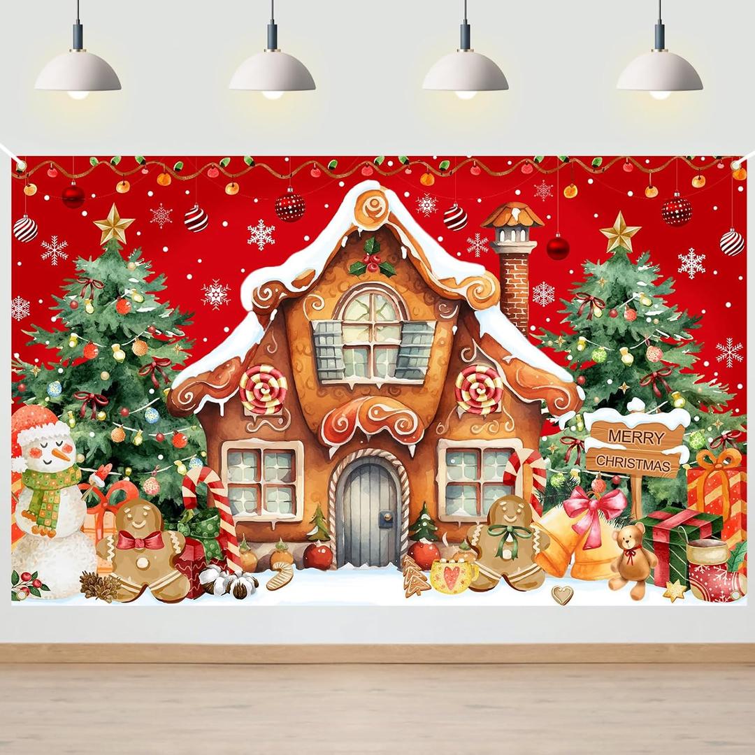 Avezano Christmas Gingerbread House Banner Winter Merry Xmas Tree Photography Background Red Christmas Theme Baby Shower Birthday Party Decor Banner Supplies (6x3.6ft)