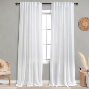 KOUFALL 92 Inch Curtains for Living Room,Light Filtering Farmhouse Boho Linen White Semi Sheer Curtain Drapes 92 Inches Long for Bedroom 2 Panels Set (52x92)