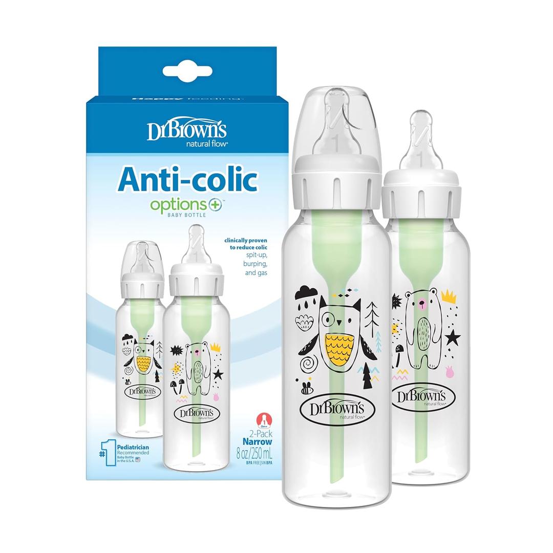 Dr. Brown's Natural Flow Anti-Colic Options+ Narrow Baby Bottle, Bear & Owl, 8 oz/250 mL, with Level 1 Slow Flow Nipple, BPA Free, 0m+, 2-Pack (2-Pack, Bear & Owl)