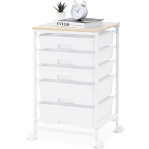 Utility Cart with 5 Drawers,Storage Drawer Cart with Wooden Tabletop and Lockable Wheels,Craft Storage Trolley Cart,5-Tier Rolling Utility Cart on Wheels,Bright White