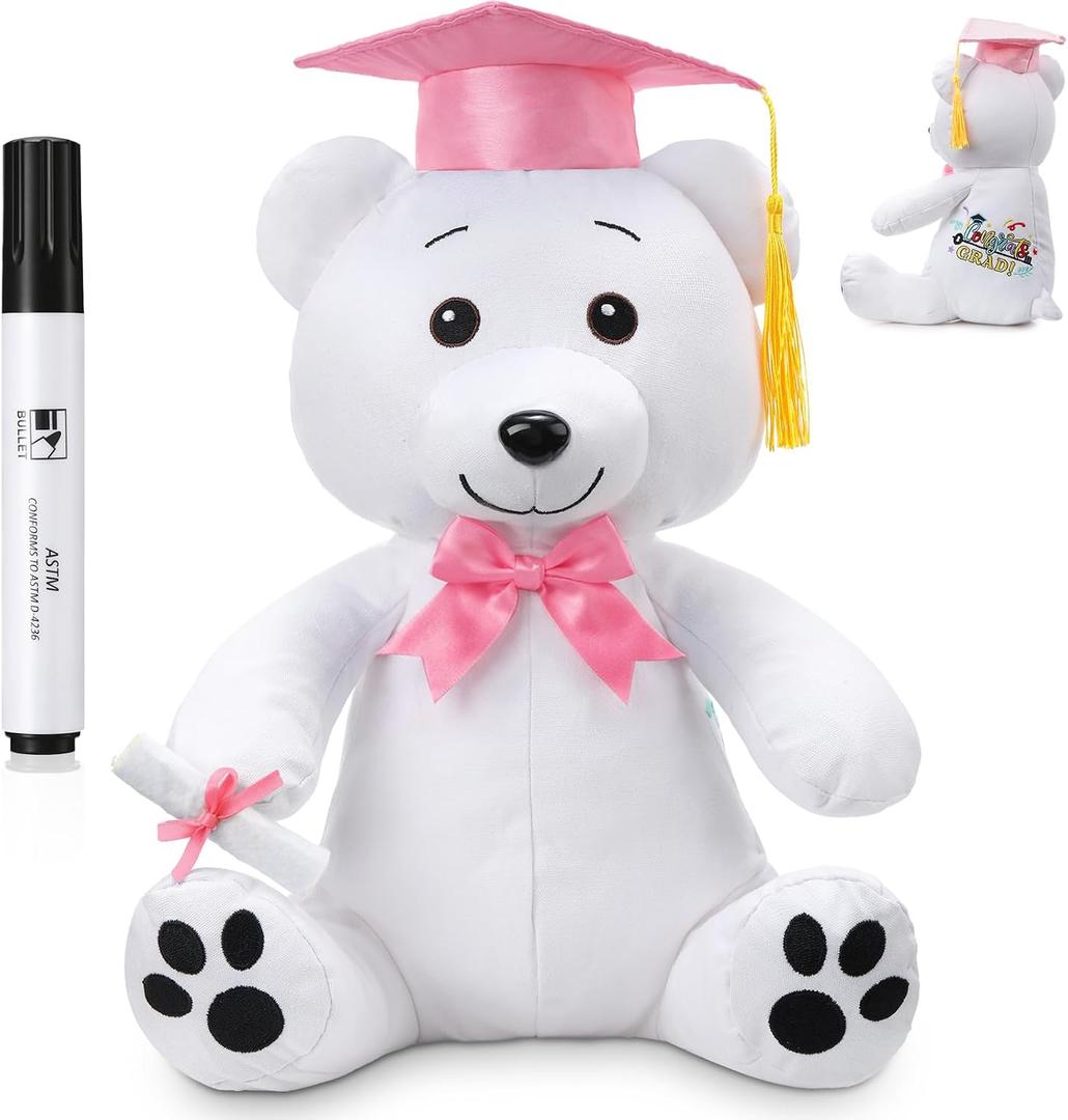 Zomiboo Graduation Bear Autograph Stuffed Animal 2026 Smooth Fabric Stuffed Bear Toy with Congrats 12 Inches Grad Plush Autograph with Marking Pen Gold Tassels for Graduate Student Party(Pink)