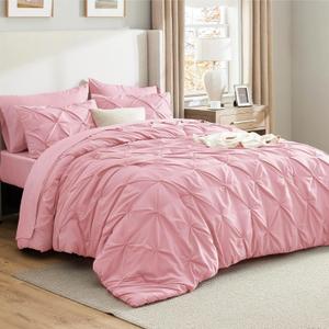 Bedsure Twin Comforter Set Baby Pink - Bed in a Bag Twin Size Bedding 5 Pieces, GentleSoft Pintuck Bed Set Gift for Family, Pinch Pleat Pink Comforter with Sheets, Pillowcase & Sham