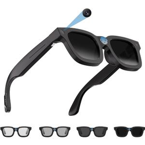 AI Smart Glasses with Camera, 1080P Video Recording Glasses, 8MP Camera Glasses, Real Time Translation, ChatGPT AI Voice Assistant, Open-Ear Audio,4-level electrochromic sunglasses for Men Women