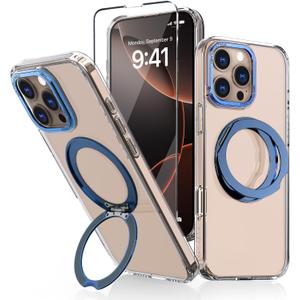 for iPhone 16 Pro Clear MagSafe Case with 360 Rotatable Magnetic Stand Ring [16ft Protection] Scratch Resist Anti Yellow Slim Transparent Case 1 Screen Protector for iPhone 16 Pro 6.3"(Blue)