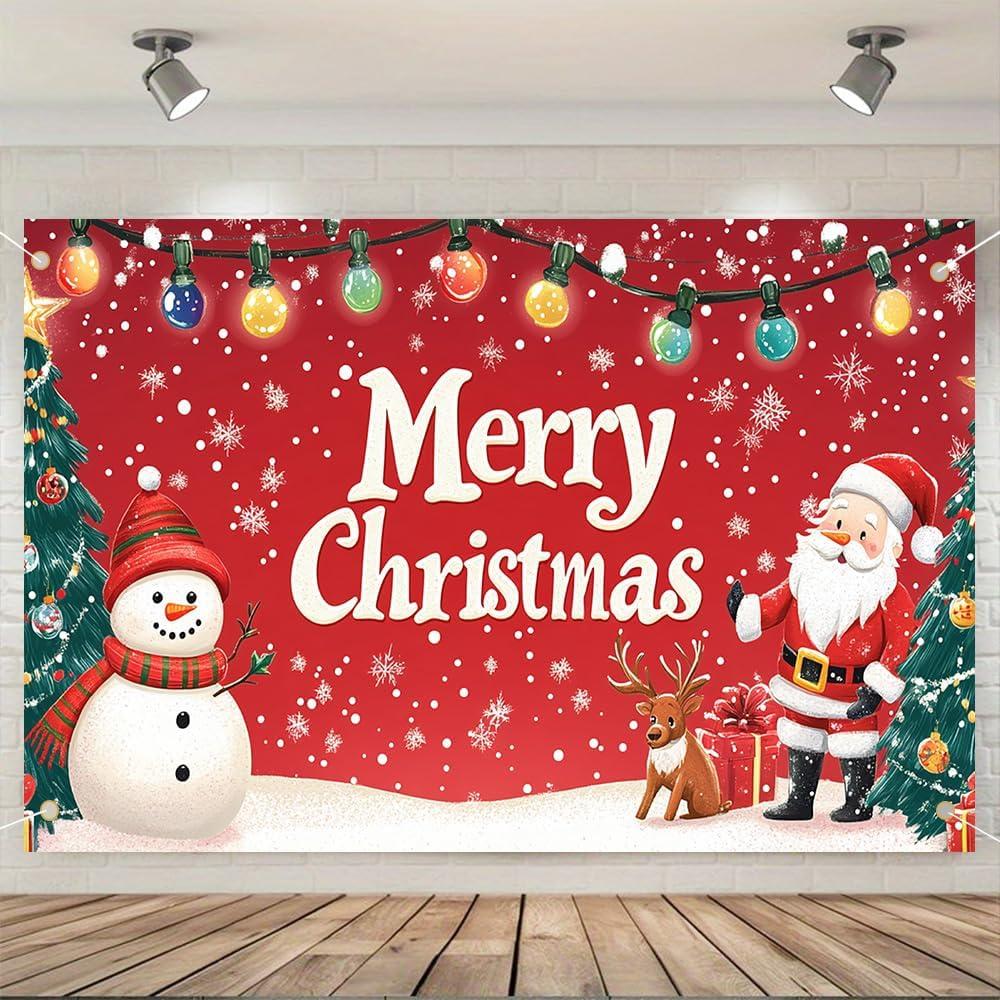 Christmas Banner 70.87x43.31 Inch Red Santa Snowman and Christmas Tree Design Polyester Wall Hanging Holiday Indoor Outdoor Decoration for Door Porch Party Home Display (Colorful 0762)