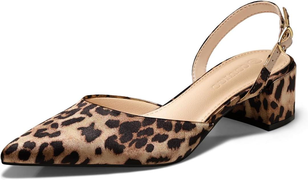 Coutgo Womens Low Chunky Heels Slingback Closed Pointed Toe Pumps Party Wedding Dress Shoes (10, Leopard)