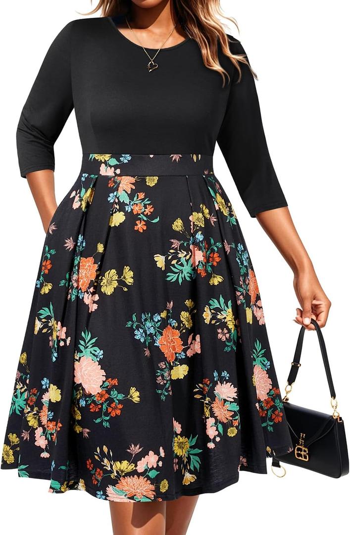 Pinup Fashion Plus Size Work Dresses - Fall Church Office Semi Formal Fit and Flare Midi Dress with Pockets (20 Plus, Black Floral)
